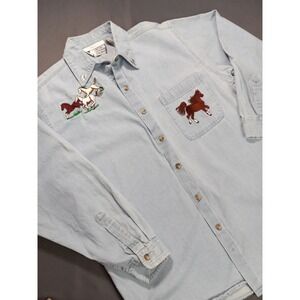 Embroidered 90s Denim Western Button-Down Shirt with Horses Size Small